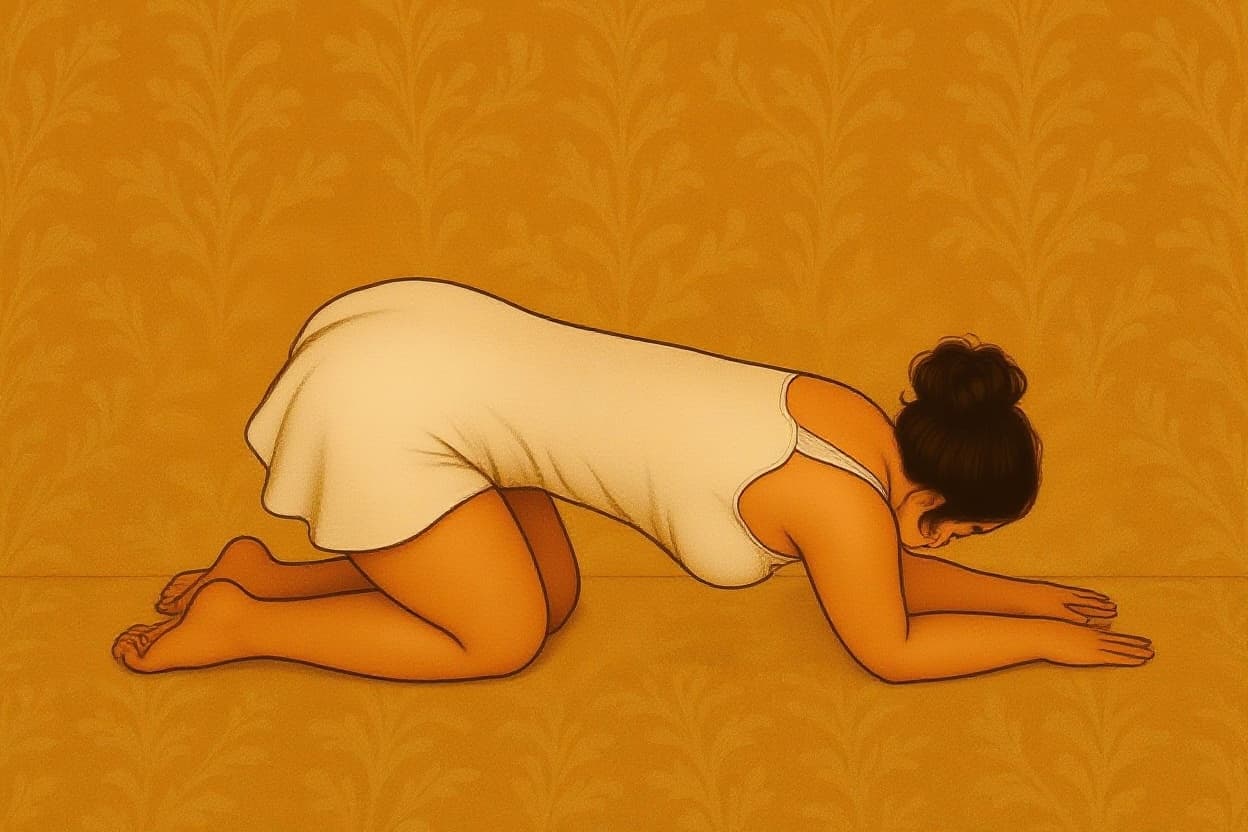 AI generated: Crawling on knees leaning forward view from back