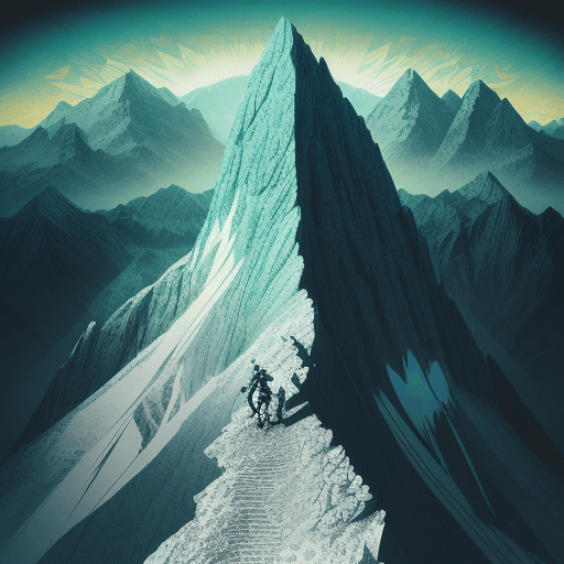 AI generated: Illustration of Mountain climbers ascending a challenging peak. One-point perspective, Abstract back...
