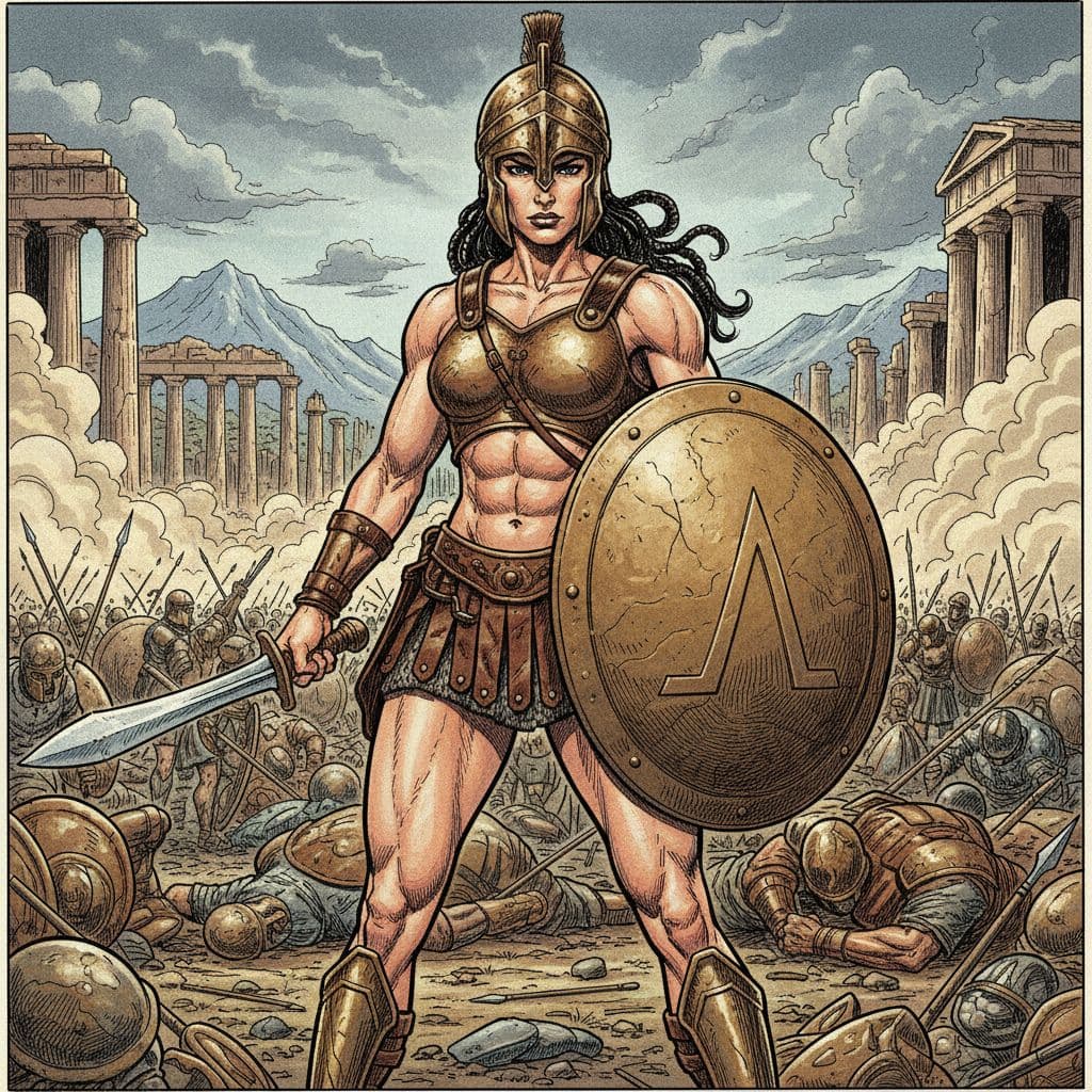 AI generated: Comic book realistic illustration, full body shot of a young gorgeous Spartan woman with thick aesth...