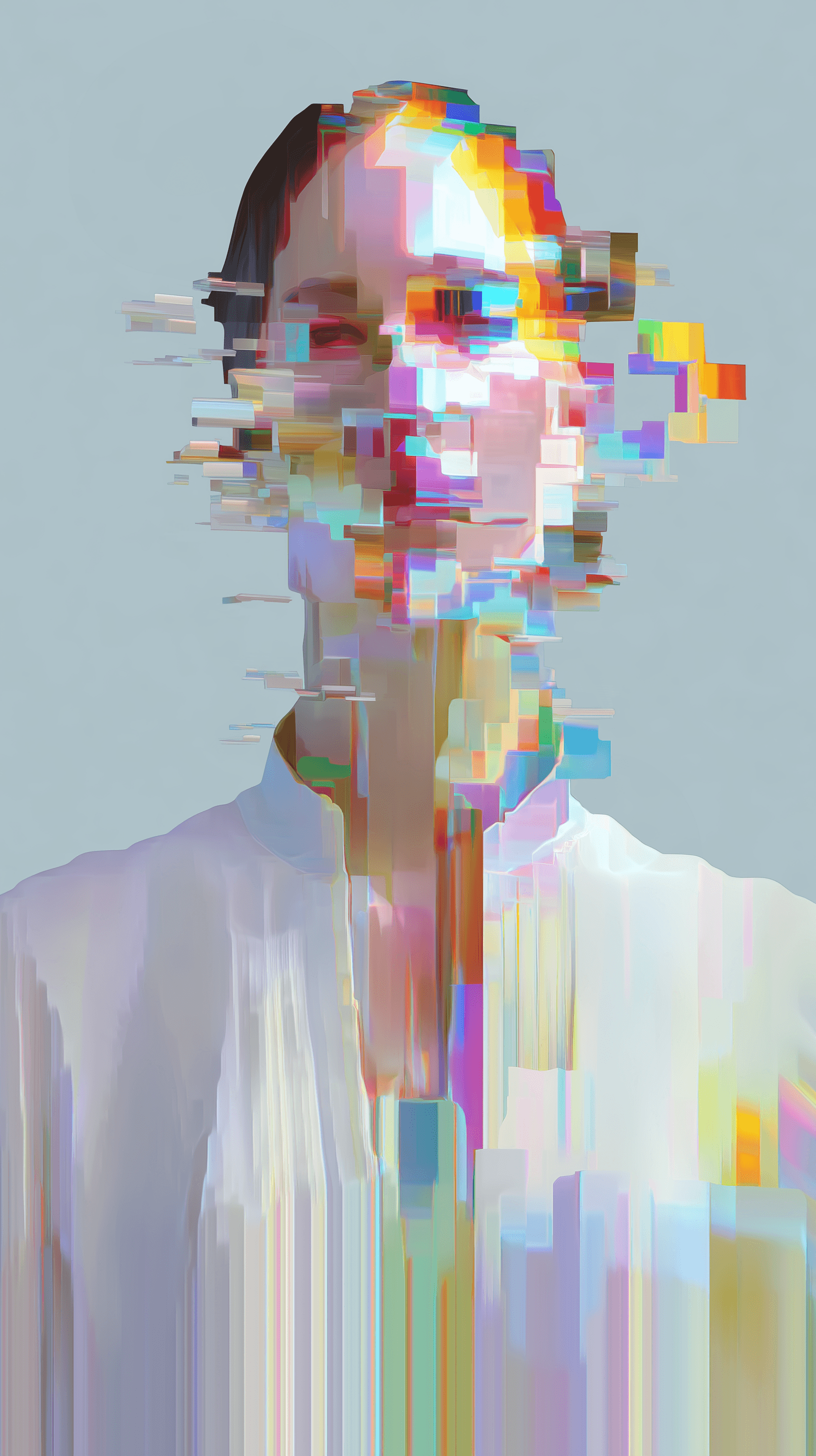 AI generated: portrait of woman, gaze, white background, minimal aesthetic, digital distortion and fragmented inte...