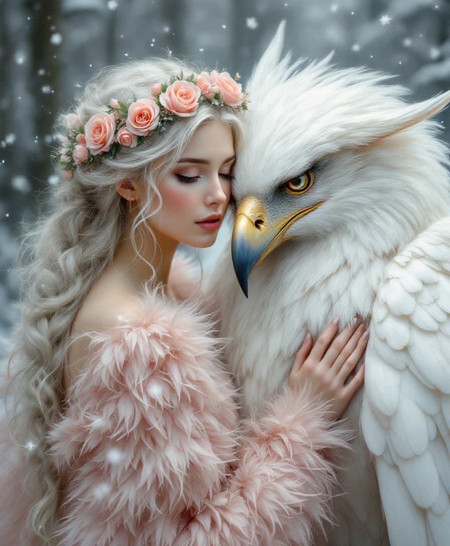 AI generated: A dreamy oil painting of a delicate ethereal woman with long white hair styled in a braid, wearing a...