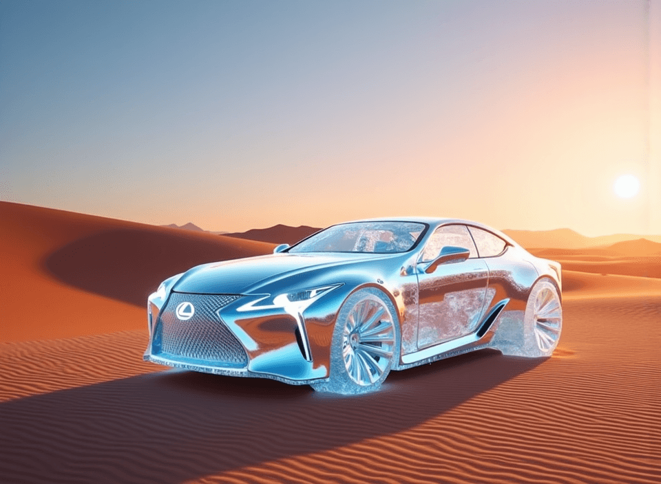AI generated: masterpiece, 8k, hyper-realism, hyper-realistic image ice sculpture of a Lexus in a hot sandy desert