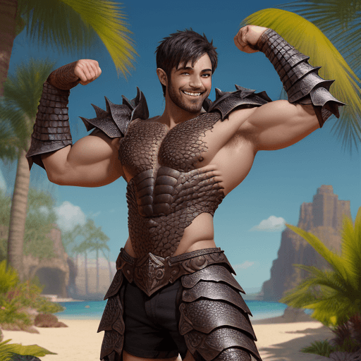 AI generated: A dark short hair man, draconic armour, scruffy, scales, shirtless, brown eyes, bright oasis backgro...