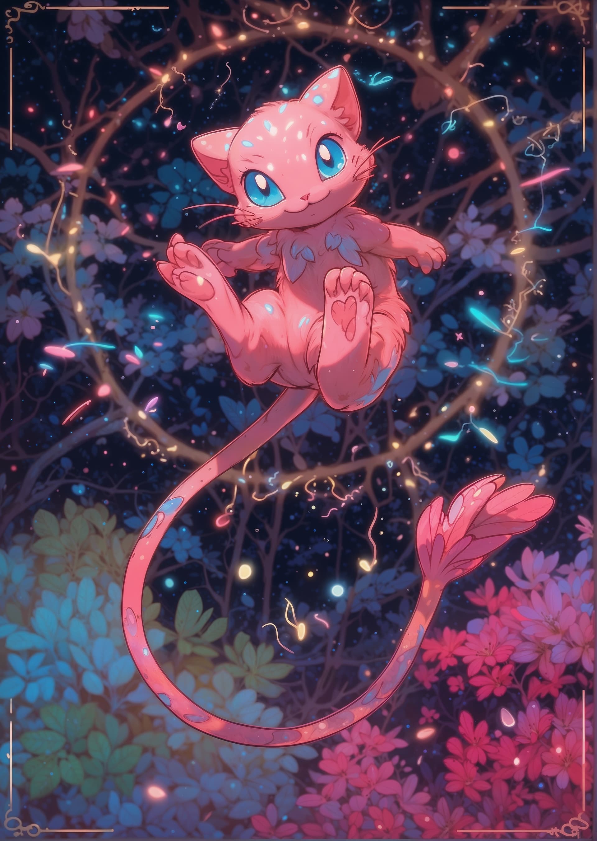 AI generated: A full wide view of the mythical Pokémon "Mew" as a cat filled with bioluminescent lit soft pink, cu...