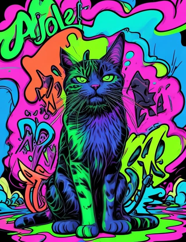 AI generated: bold neon colors, cartoon style illustration of a lazy cat as sees the world while experiencing hall...