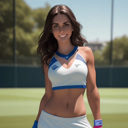 AI generated: professional sports athletic brunette woman, dressed as padel player, smiling, pitch in background, ...