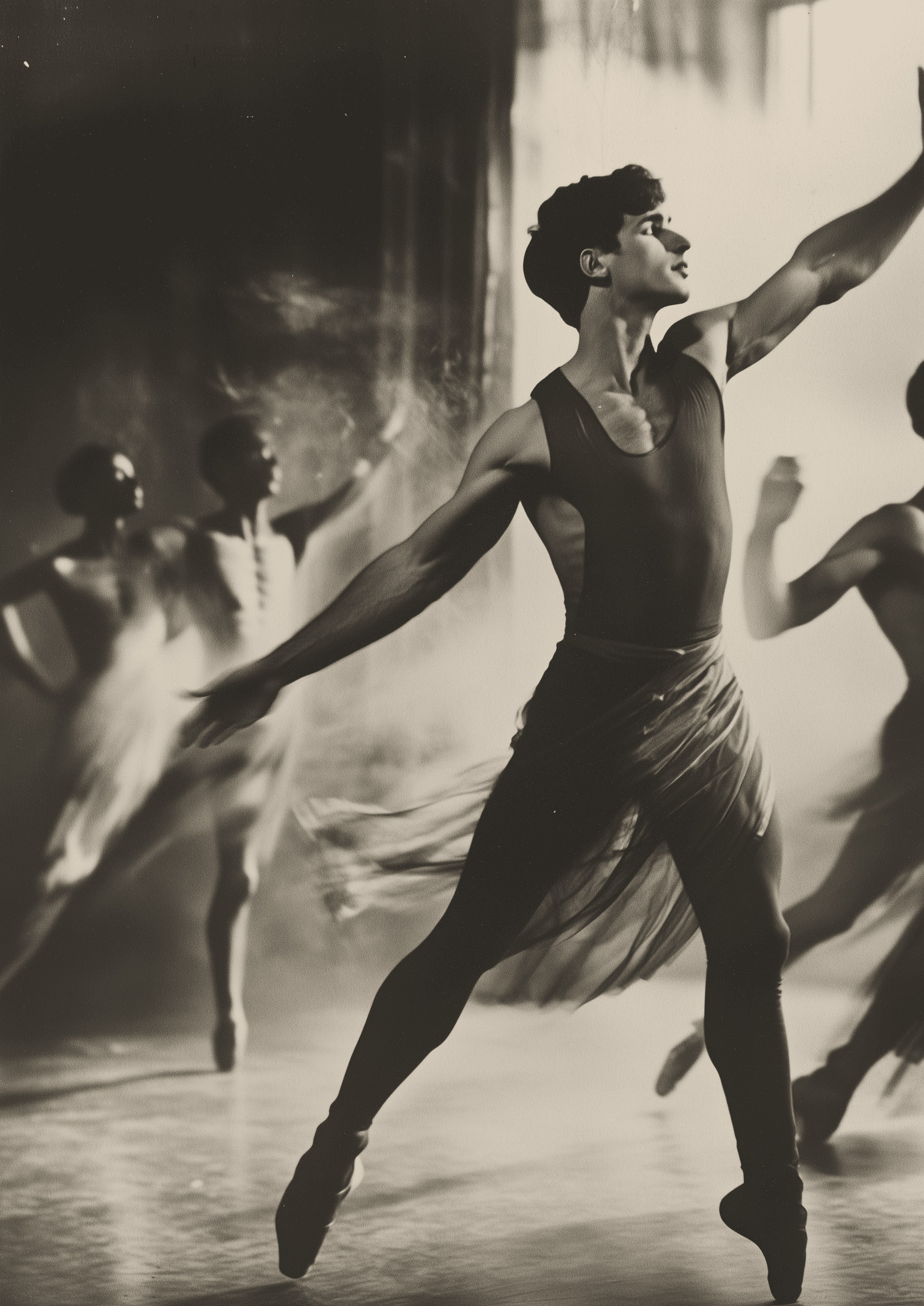 AI generated: A vintage black-and-white photograph of male ballet dancers in the studio, captured with motion blur...
