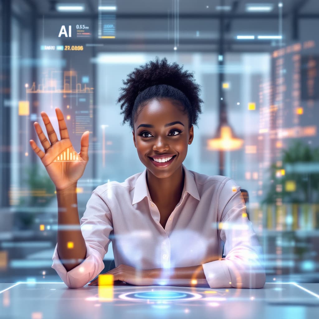 AI generated: "Create a vibrant digital painting of a young, energetic African woman with a confident smile and cu...
