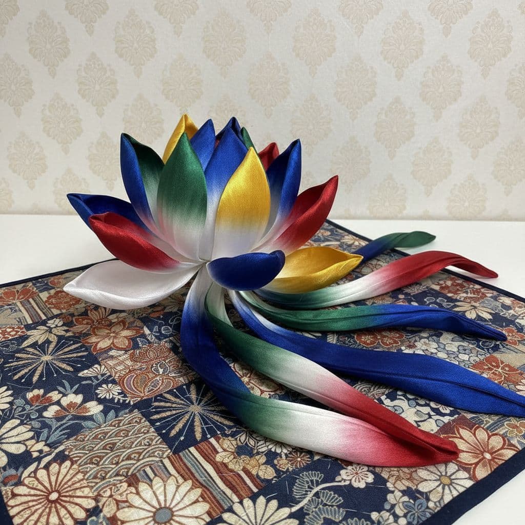 AI generated:  A hyper-realistic scene featuring a lotus-shaped sculpture crafted from glossy satin silk, with lon...