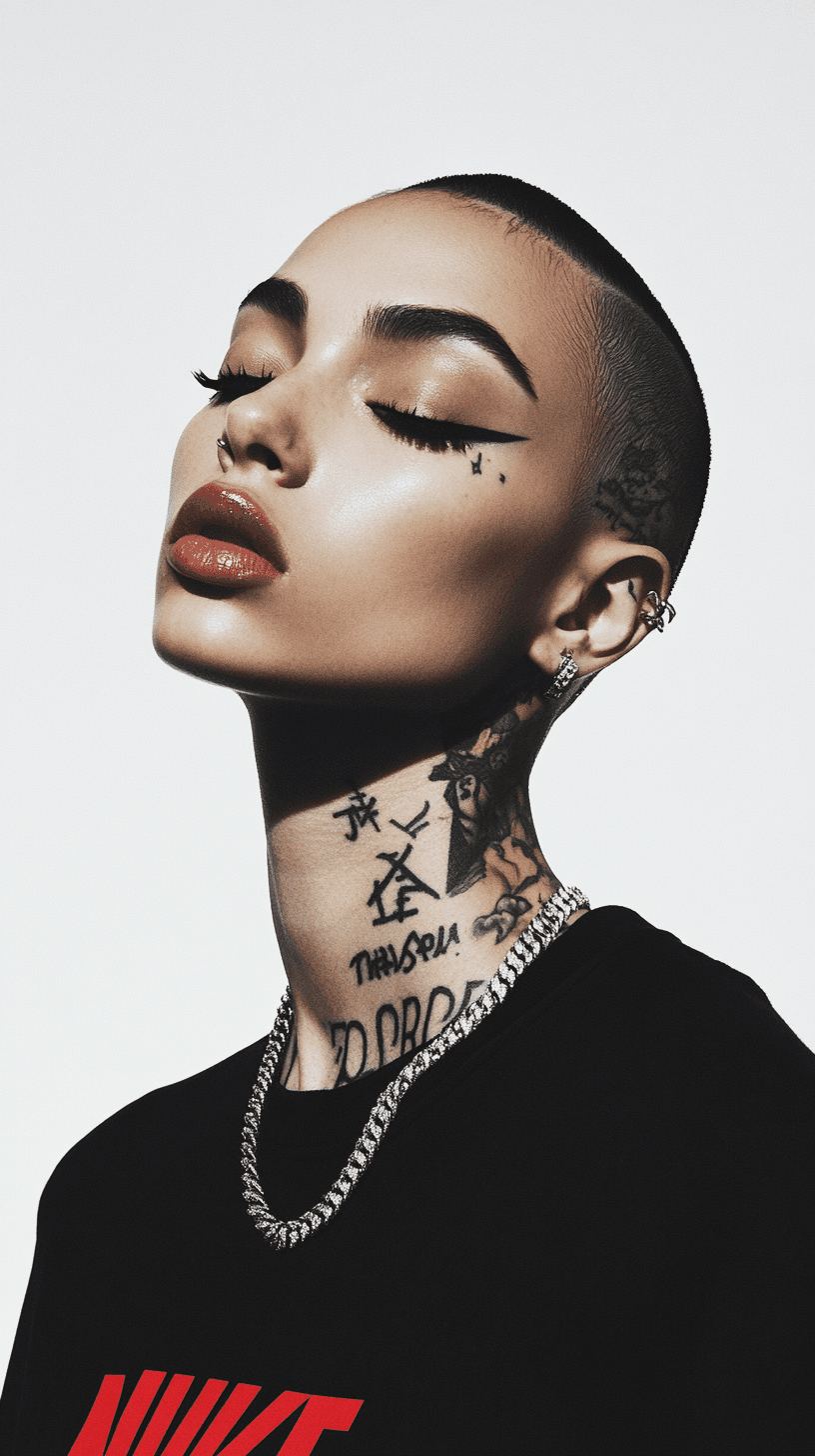 AI generated: Symetrical ultra Closeup of a dope faced tattoed model, dark mirror glazed Nike sport outfit, Minima...
