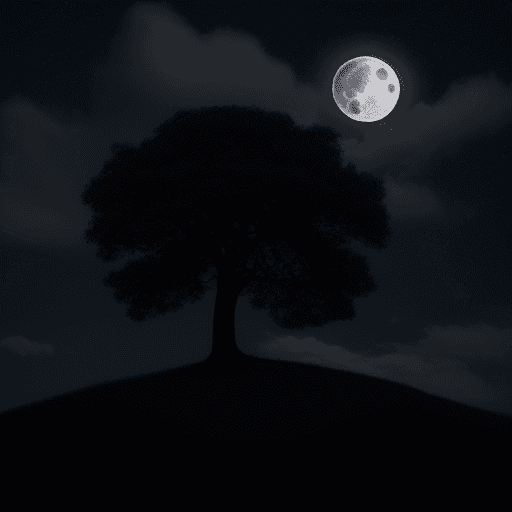 AI generated: A dark night with faint stars showing between many clouds, a full moon illuminating a single tree on...