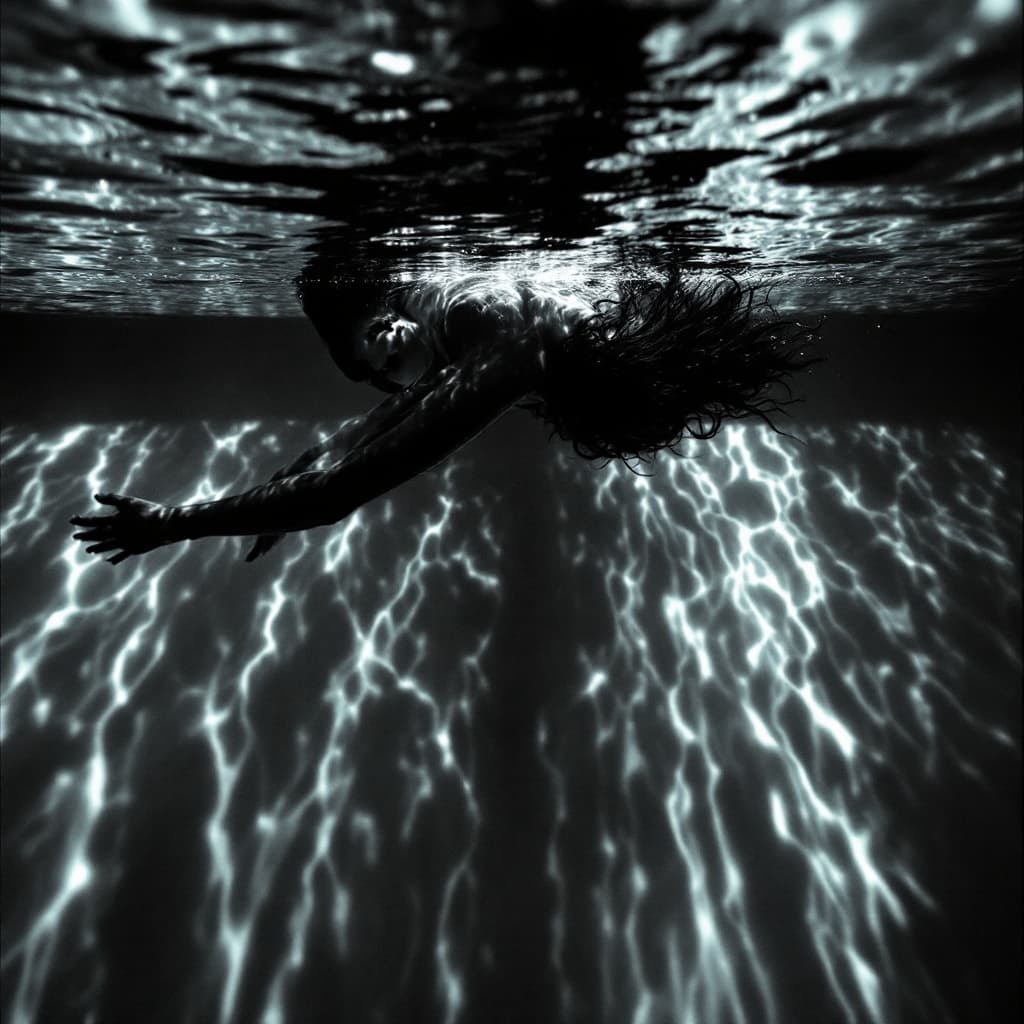 AI generated: High-contrast black-and-white photograph of a goth woman floating underwater in a serene, suspended ...