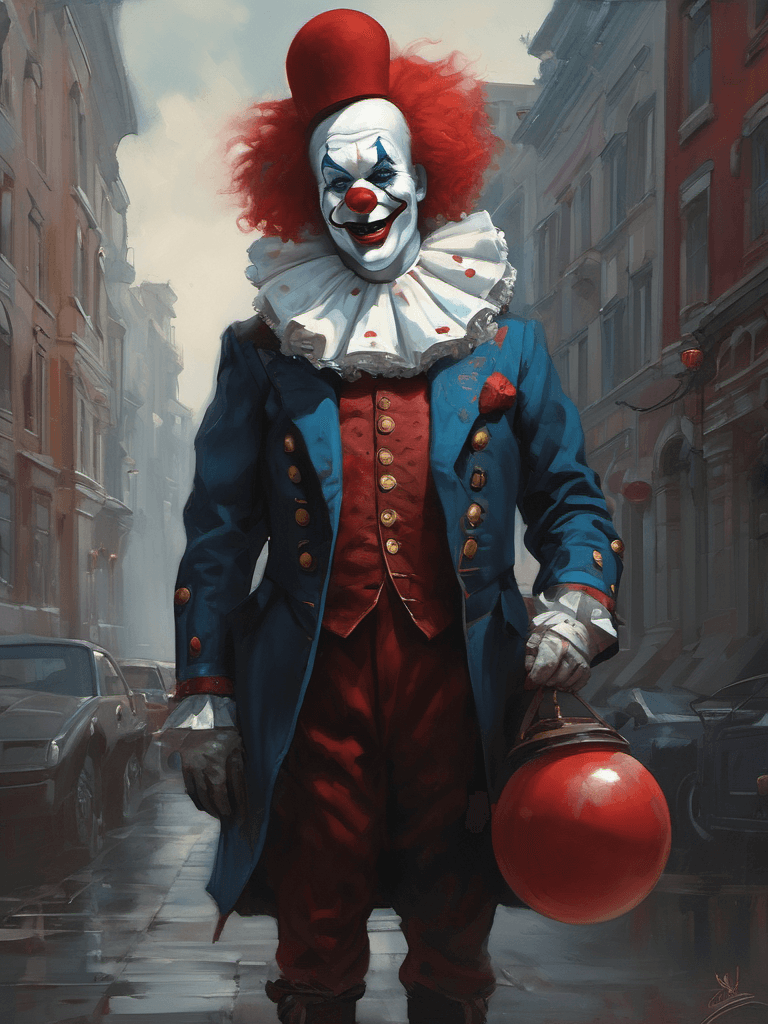 AI generated: a clown, in the style of alejandro burdisio, abigail larson, dmitri danish, skeletal, city, dark whi...