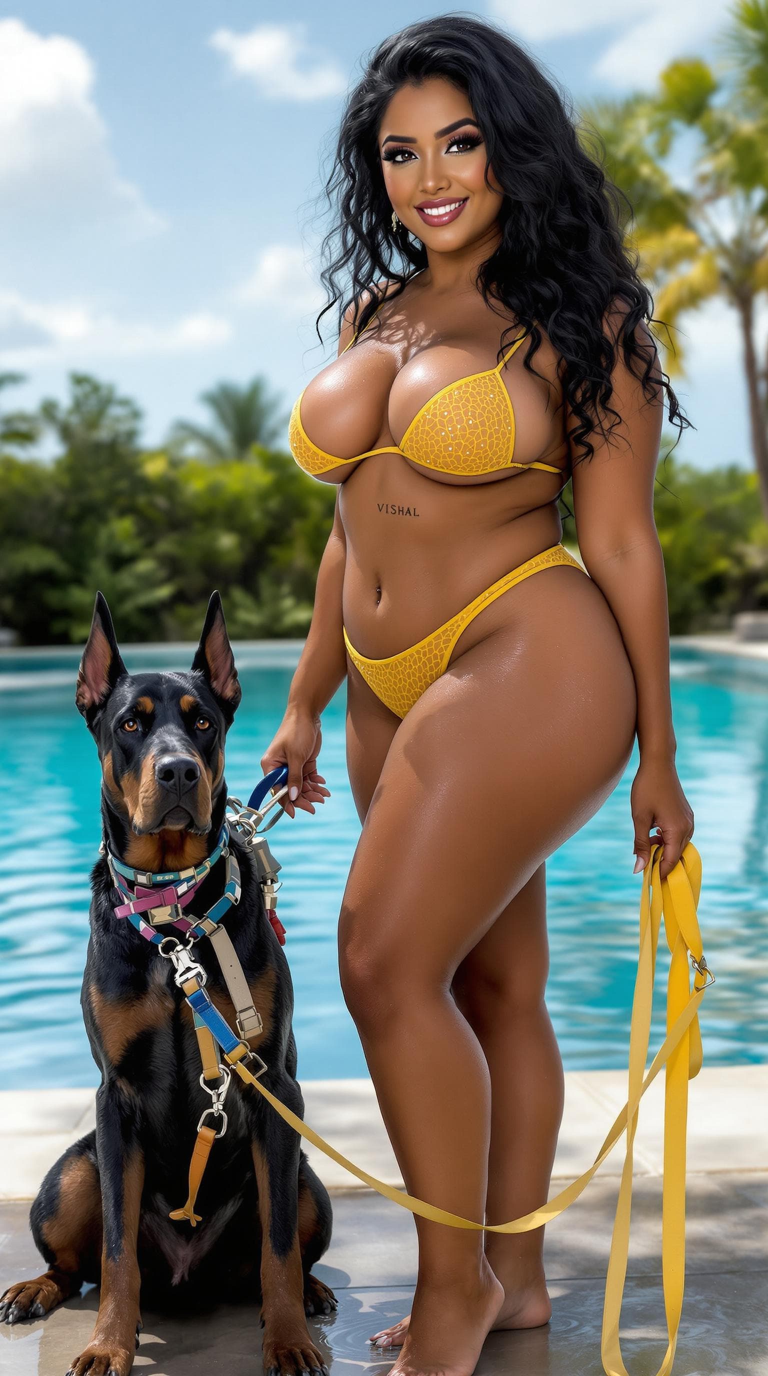 AI generated: Beautiful Gorgeous well defined muscular plus size with small paunch Indian woman, wavy black hair, ...