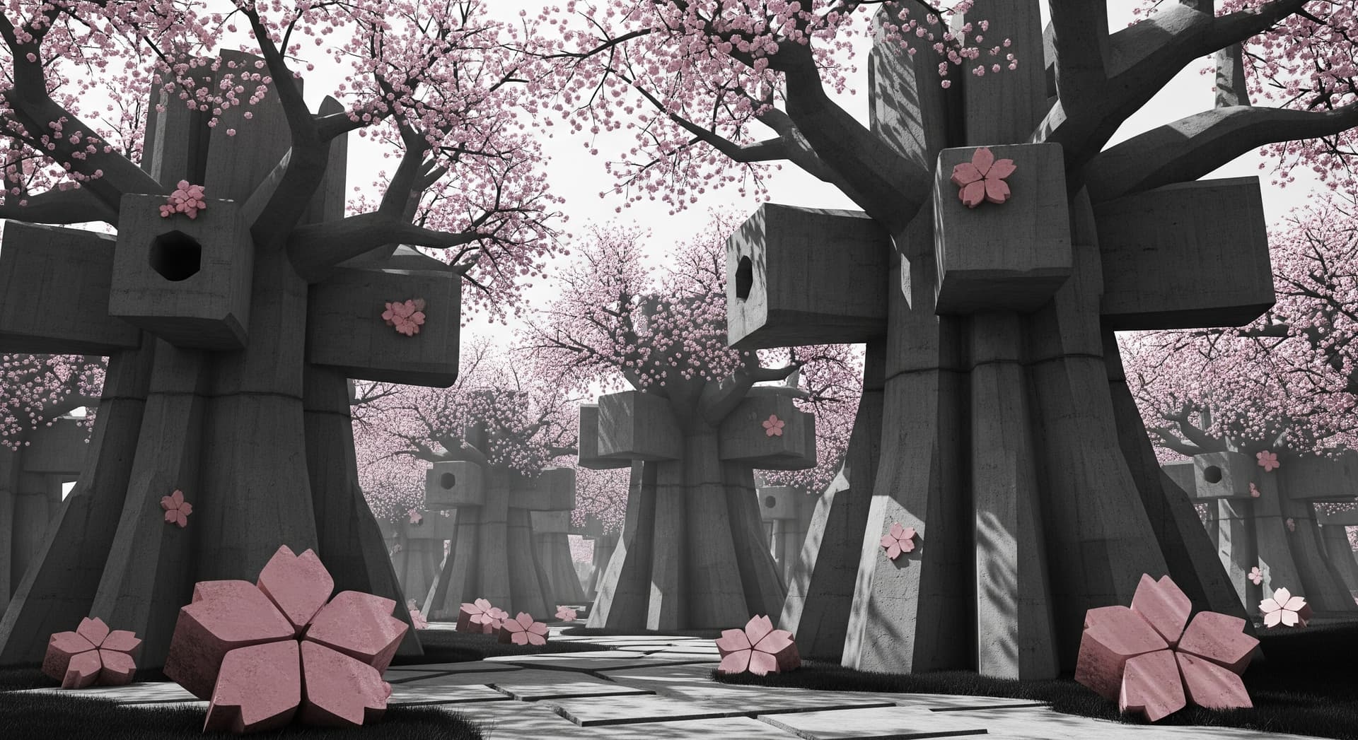 AI generated: A Japanese cherry blossom garden, depicted entirely in the style of Brutalist architecture. The trun...
