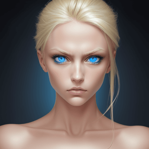 AI generated: hyperrealism, crystal blue eyes, sharp image, blonde hair, perfectly formed body, deep stare, extrem...