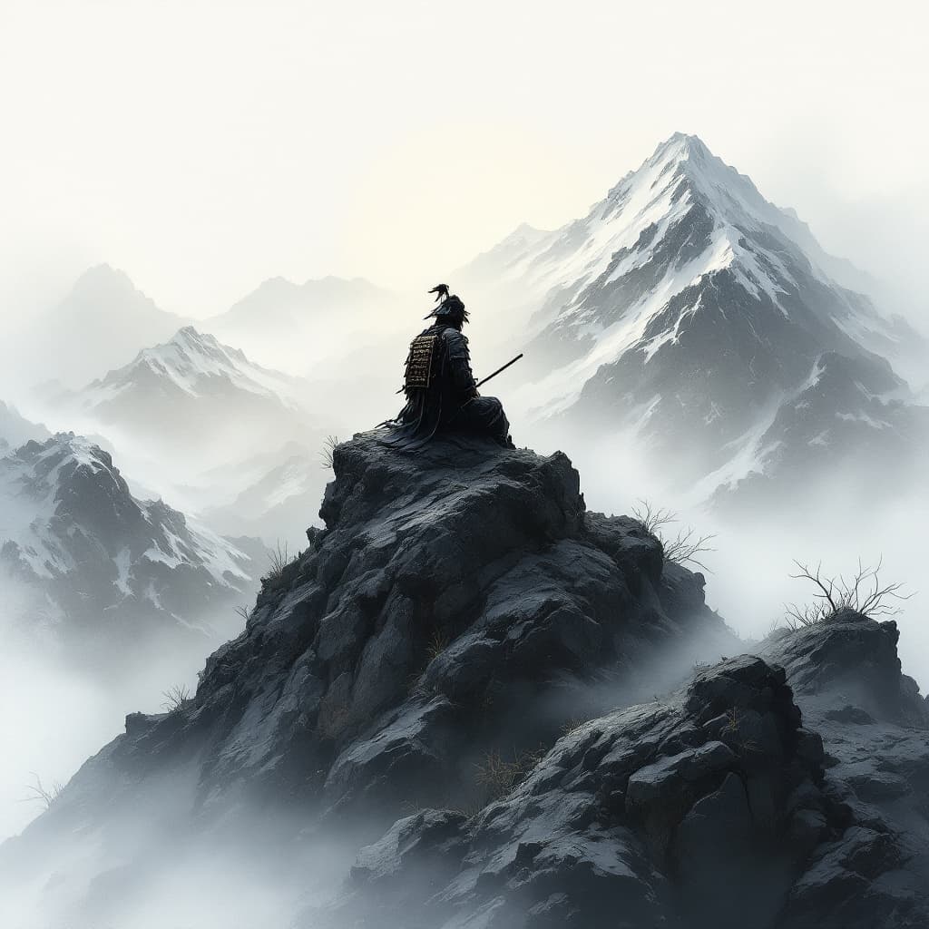 AI generated: painted with black oil on a white background samurai sitting on top of the mountain 