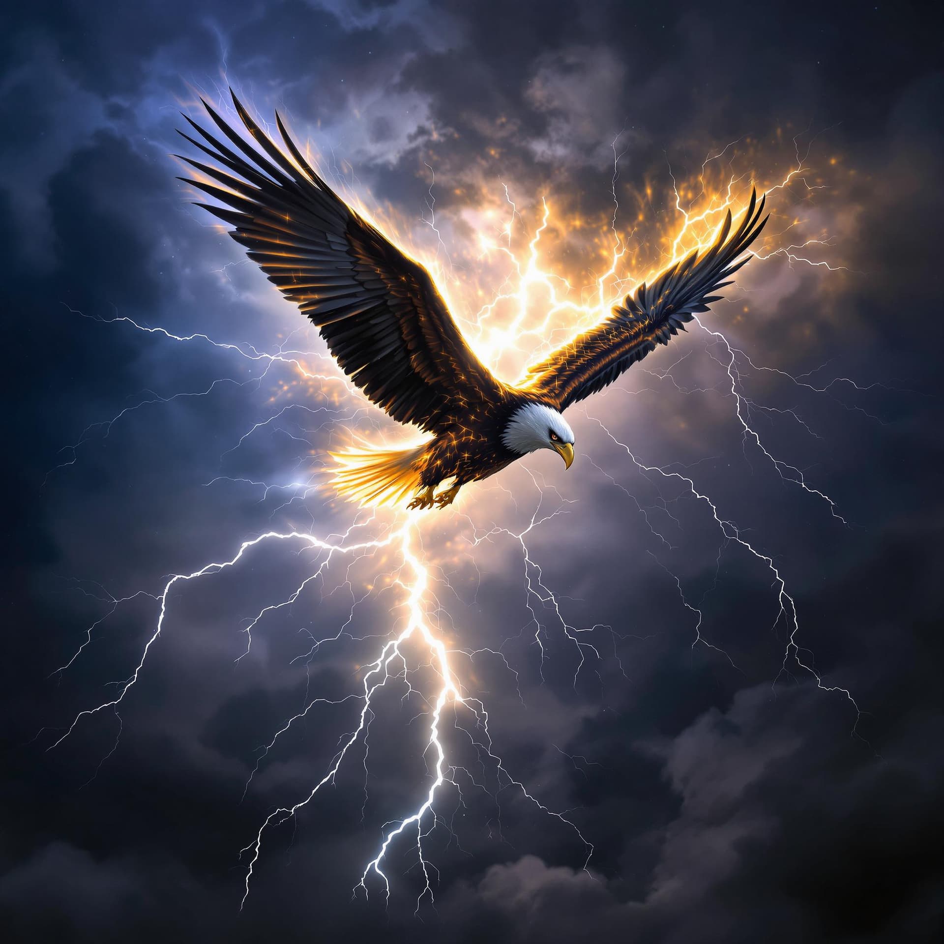 AI generated: An eagle flying fearlessly through a raging thunderstorm, with lightning bolts illuminating its powe...