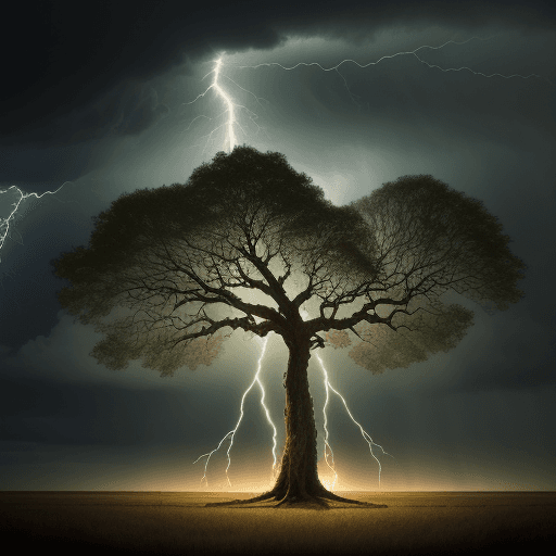 AI generated: lightning lightning tree by marie taie, in the style of photoillustration, environmental awareness, ...