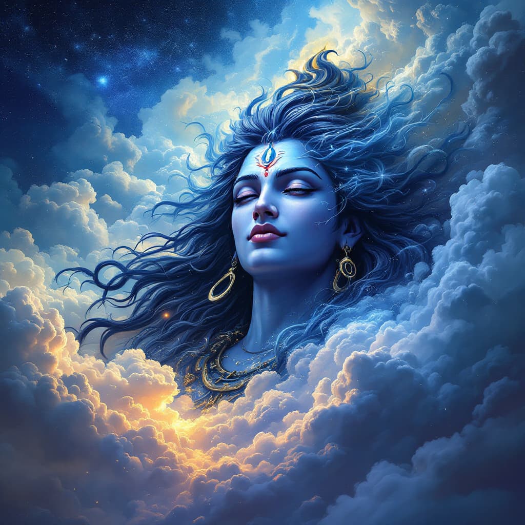 AI generated: photo illustration of lord Shiva a world in the clouds, in the style of tanya shatseva, the stars ar...