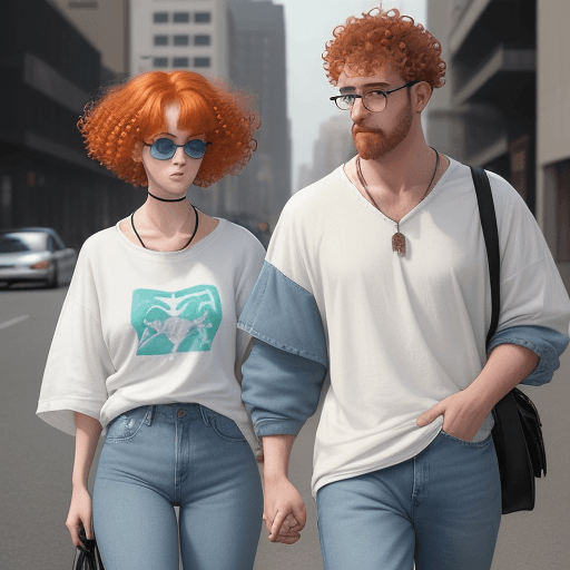 AI generated: A man wearing a white oversize t-shirt and blue jeans. A woman wearing a pale green half-sweater and...