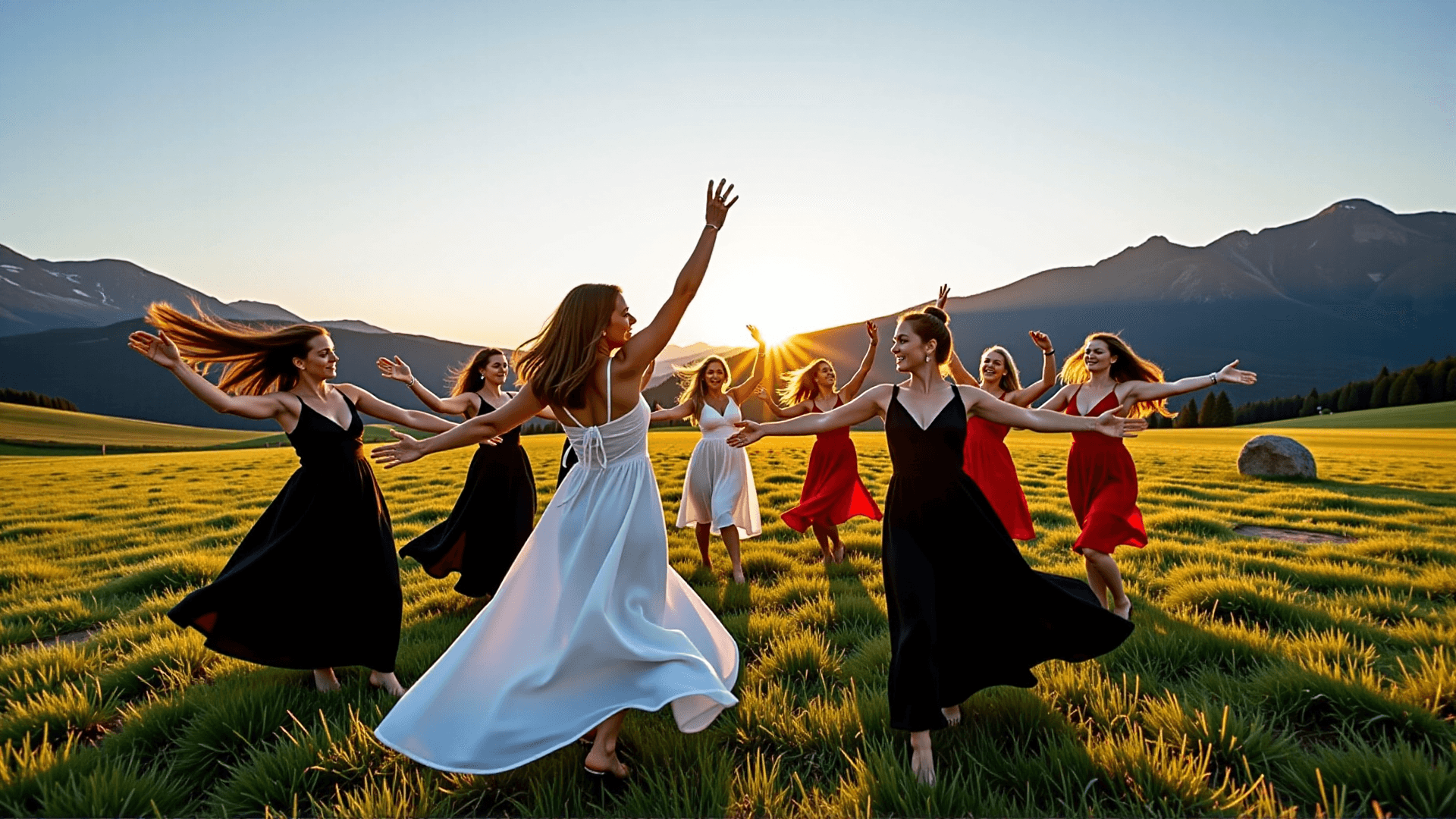 AI generated: A dynamic wide-angle shot of a group of attractive young women (21+), dancing in modern, flowing dre...