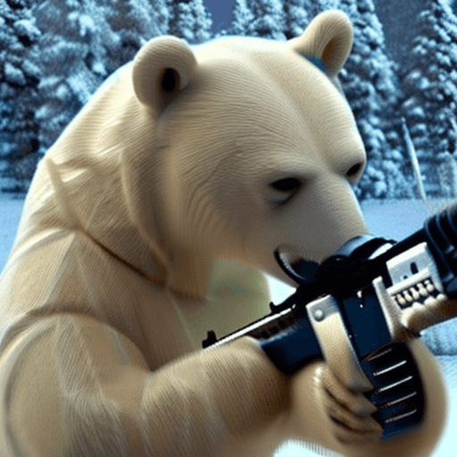 AI generated: Courageous polar bear in full winter military uniform, holding a carbine rifle, anthropomorphic, sup...