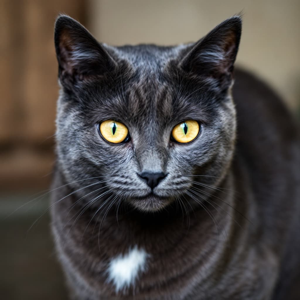 AI generated: dark grey cat with yellow eyes, white spot on neck
