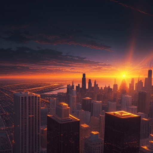 AI generated: the sun rises over the city of chicago in this image from disney's, hd anime cityscape, city sunset,...