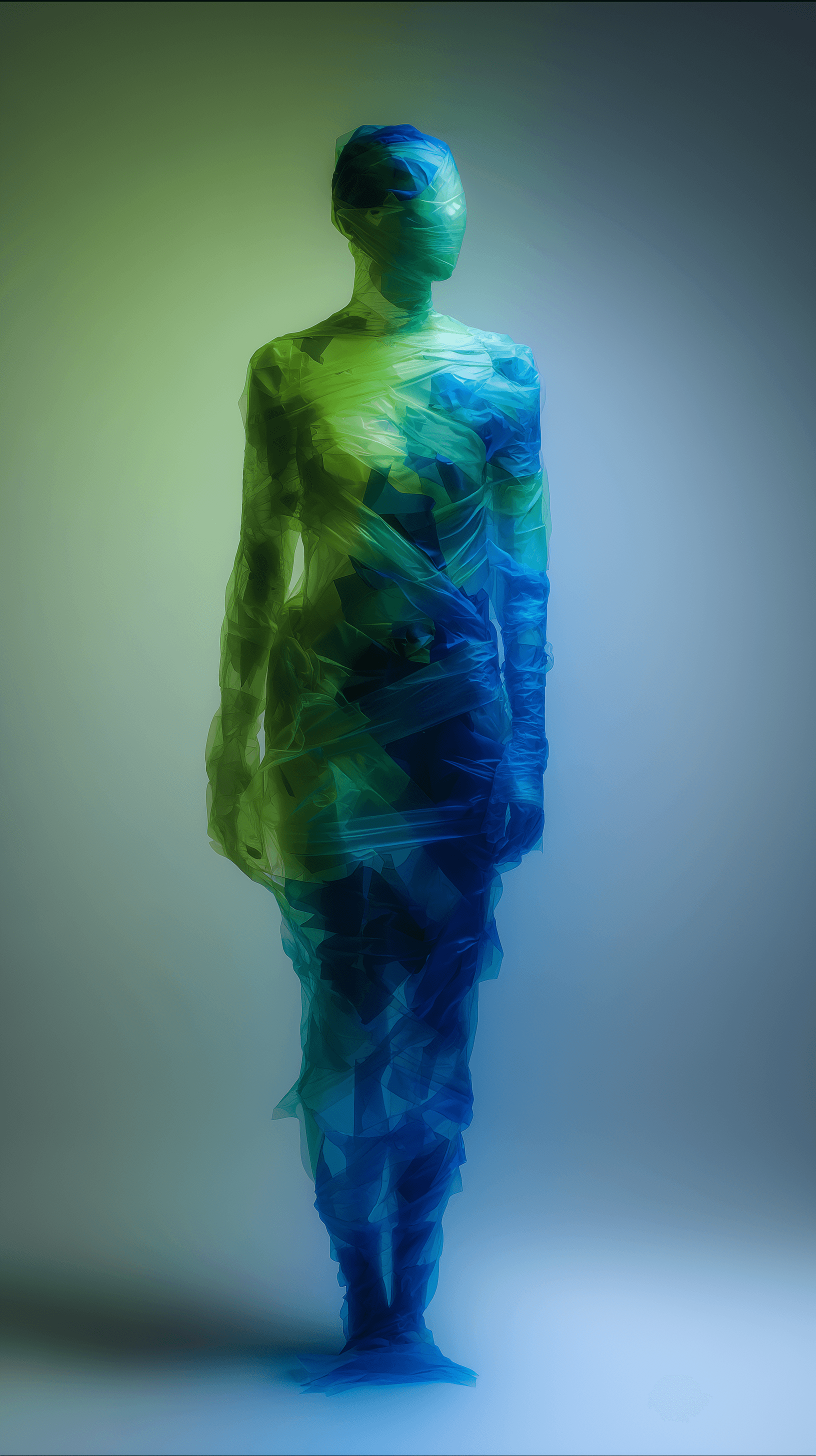 AI generated: surealism conceptual photography, front central, full-body rear shot, human figure, taped up body, t...