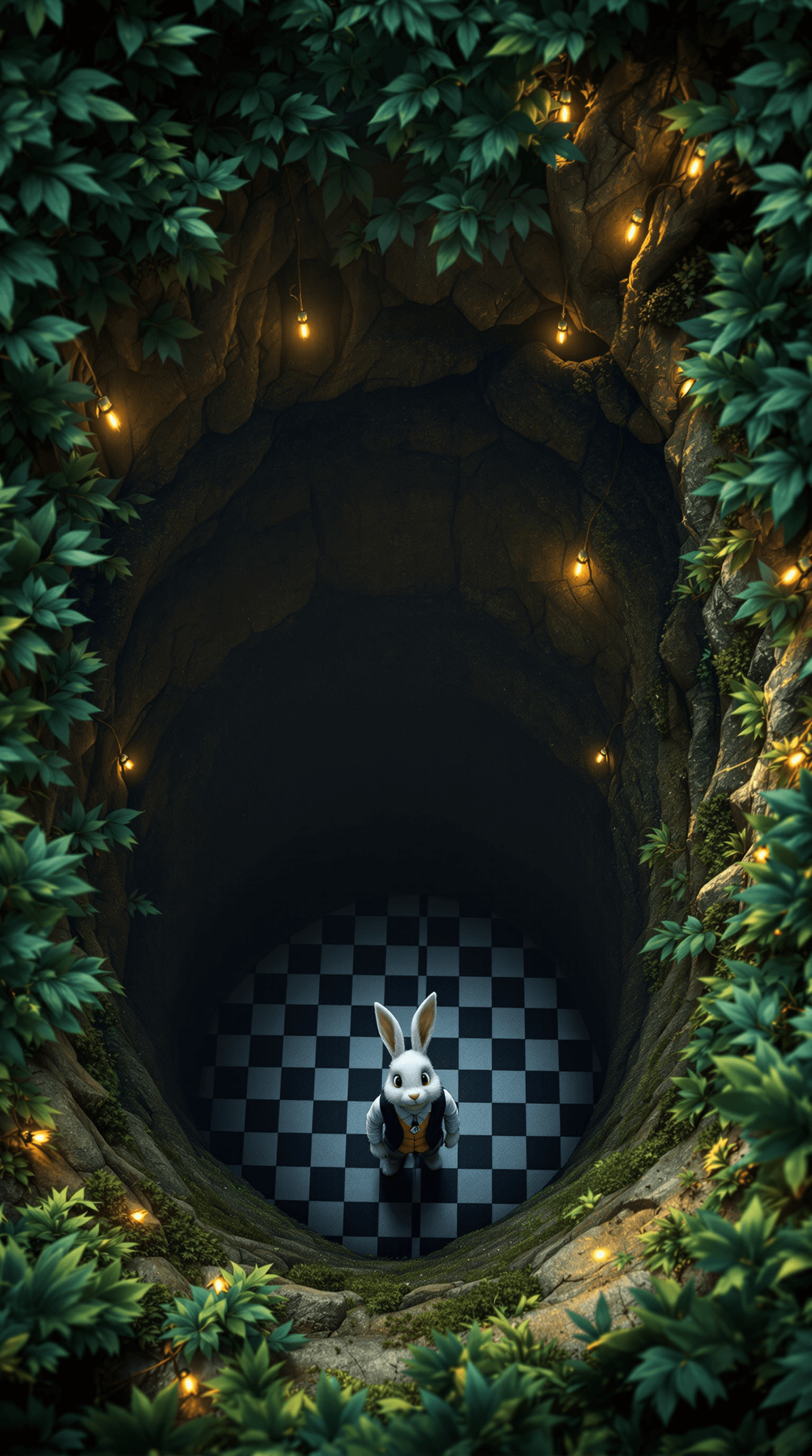 AI generated: imagine Aerial view of an enchanted forest with the White Rabbit’s burrow at the center. The camera ...