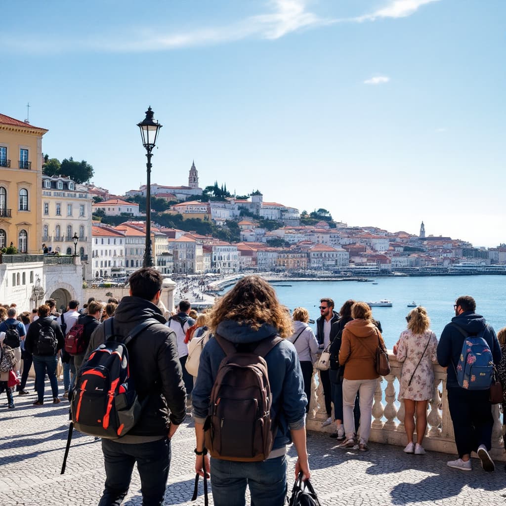AI generated: An enthralling photograph of a team on a walking tour through Lisbon city fujifilm reallife cinemati...
