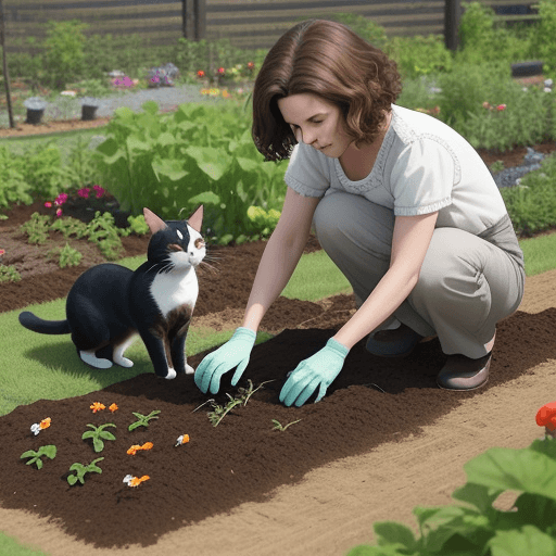 AI generated: a woman with short brown hair, in the vegetable garden, next to her two cats. the woman is planting ...