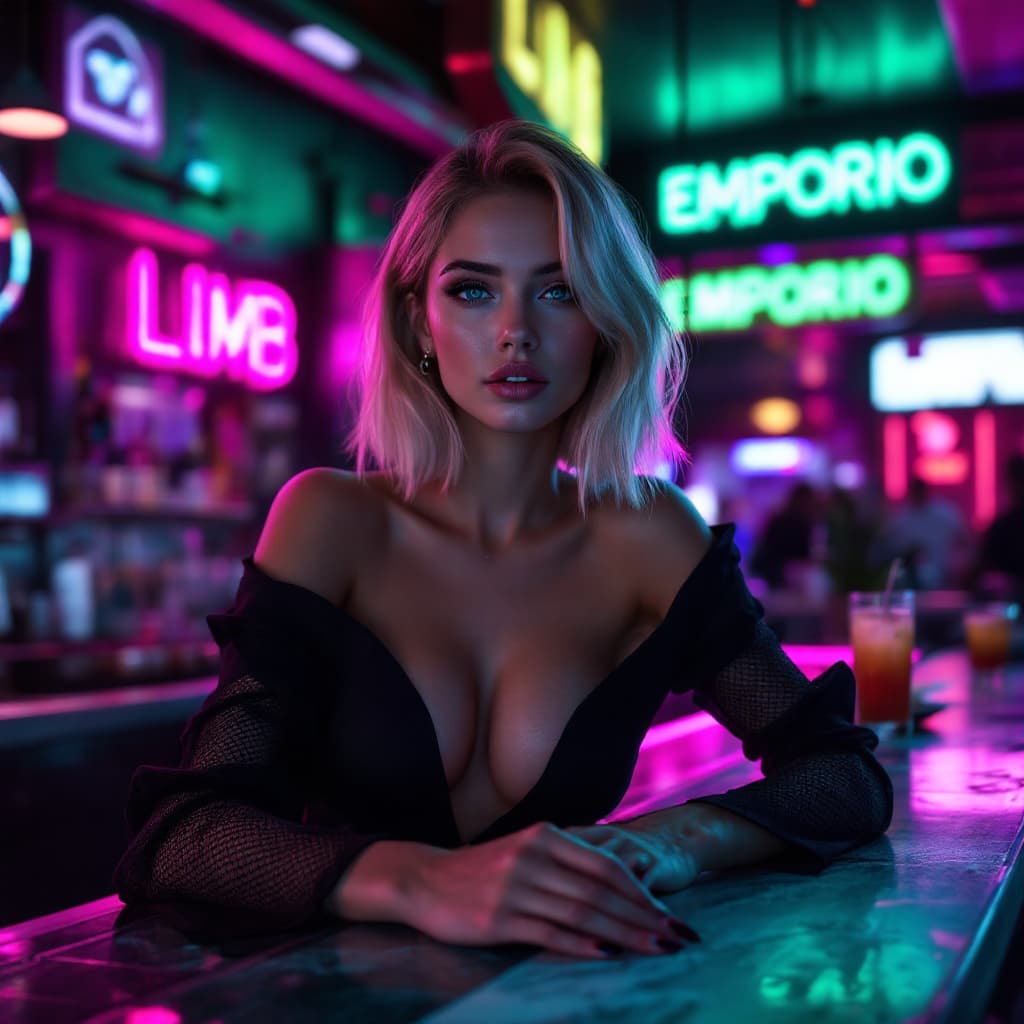 AI generated: A woman is sitting at the counter of a futuristic cyberpunk bar, wearing a black open mono. She lean...