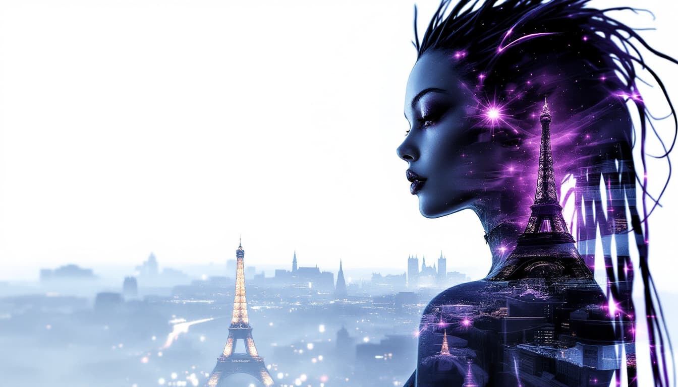 AI generated: Double Exposure illustration: A silhouette of a stunning Alien woman with neon purple spiney hair, s...