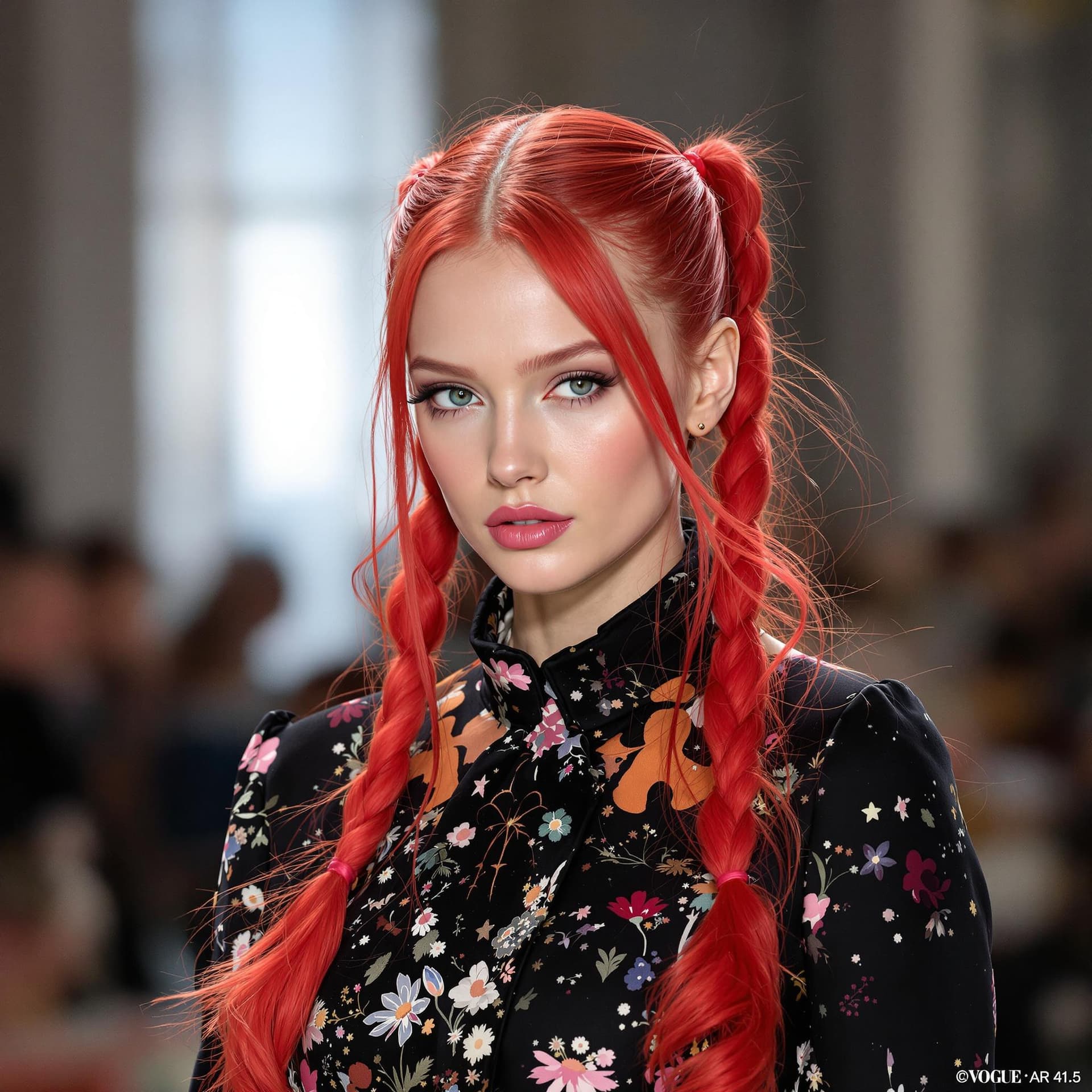 AI generated: Vogue runway model with long red pigtails in candycore hair style, pale skin and light pink lips --v...