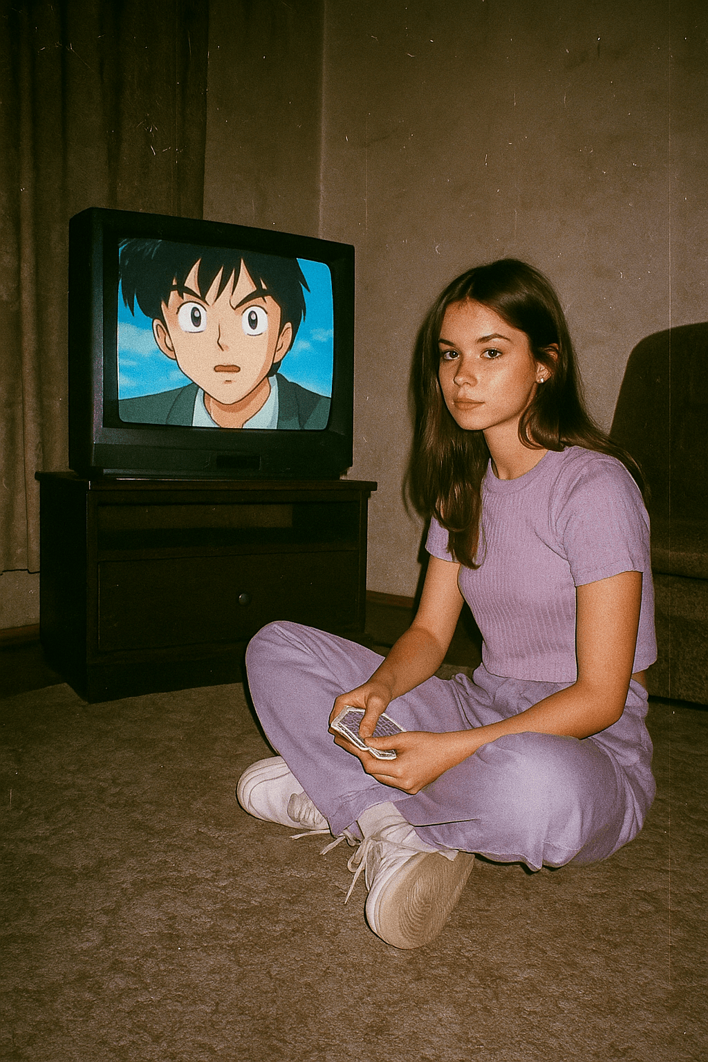 AI generated:   Grungy analog snapshot, early 2000s aesthetic, flash photography.  
  Inside a dim living room, a...