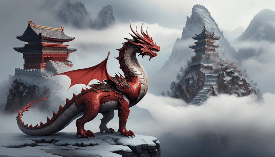 AI generated: as main character wearing Chinese ancient attire,dragon at the background surrounded by cloud and mo...