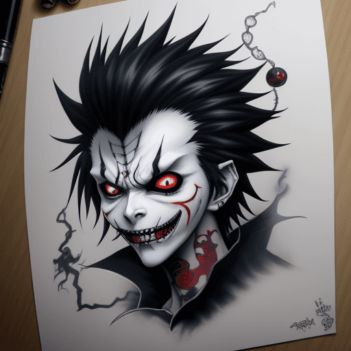 AI generated: ryuk shinigami from deathnote in the style of a dark jester tatoo
