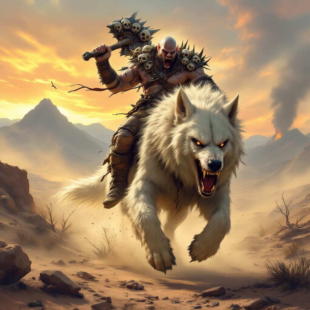 AI generated: A fierce, muscular orc warrior rides a massive white direwolf through a war-torn desert valley, roar...
