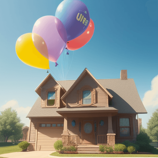 AI generated: House from the movie Up with balloons tied to it in disney pixar style