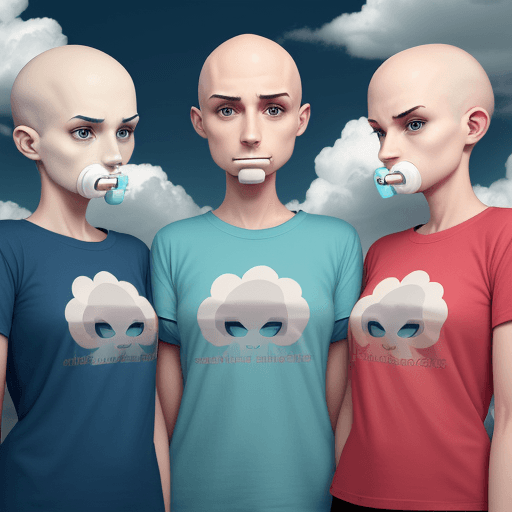 AI generated: three anthropomorphized storm clouds, each wearing different colored tshirts saying I work in IT wit...