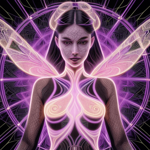 AI generated: portrait forming silhouette of a captivating woman, dynamic holographic lines and patterns resemblin...