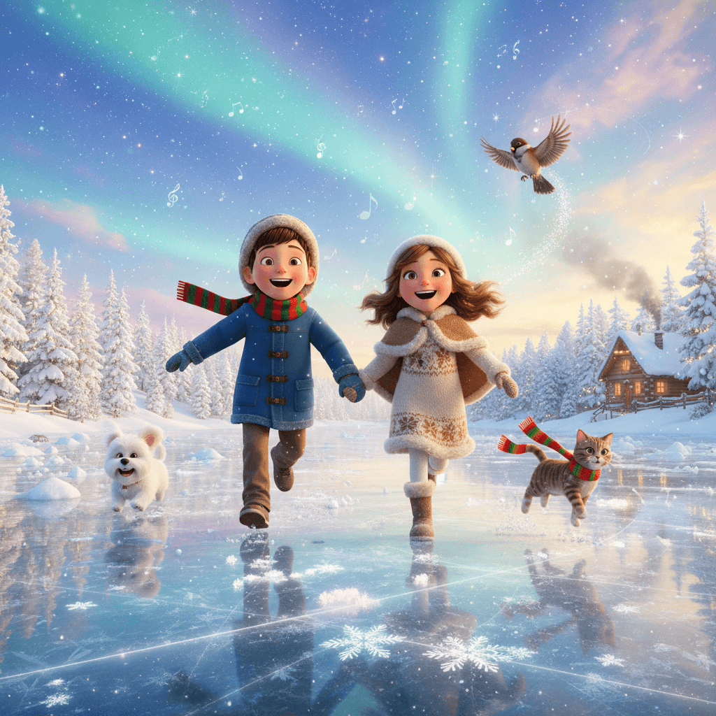 AI generated: A magical, heartwarming winter scene in the style of a modern USA animated film. A cheerful boy and ...