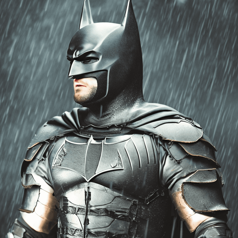 AI generated: batman wearing battle damaged armor| brown beard | blue eyes | its a dark rainy night| epic fight sc...