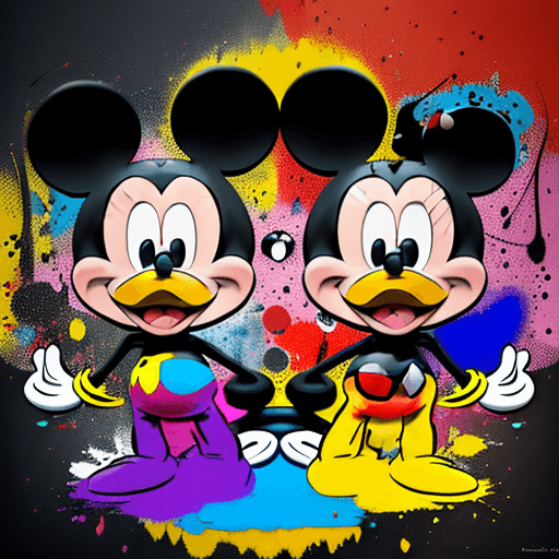 AI generated: Abstract interpretation of Mickey Mouse and Minie Mouse with vibrant colors, Jackson Pollock-inspire...