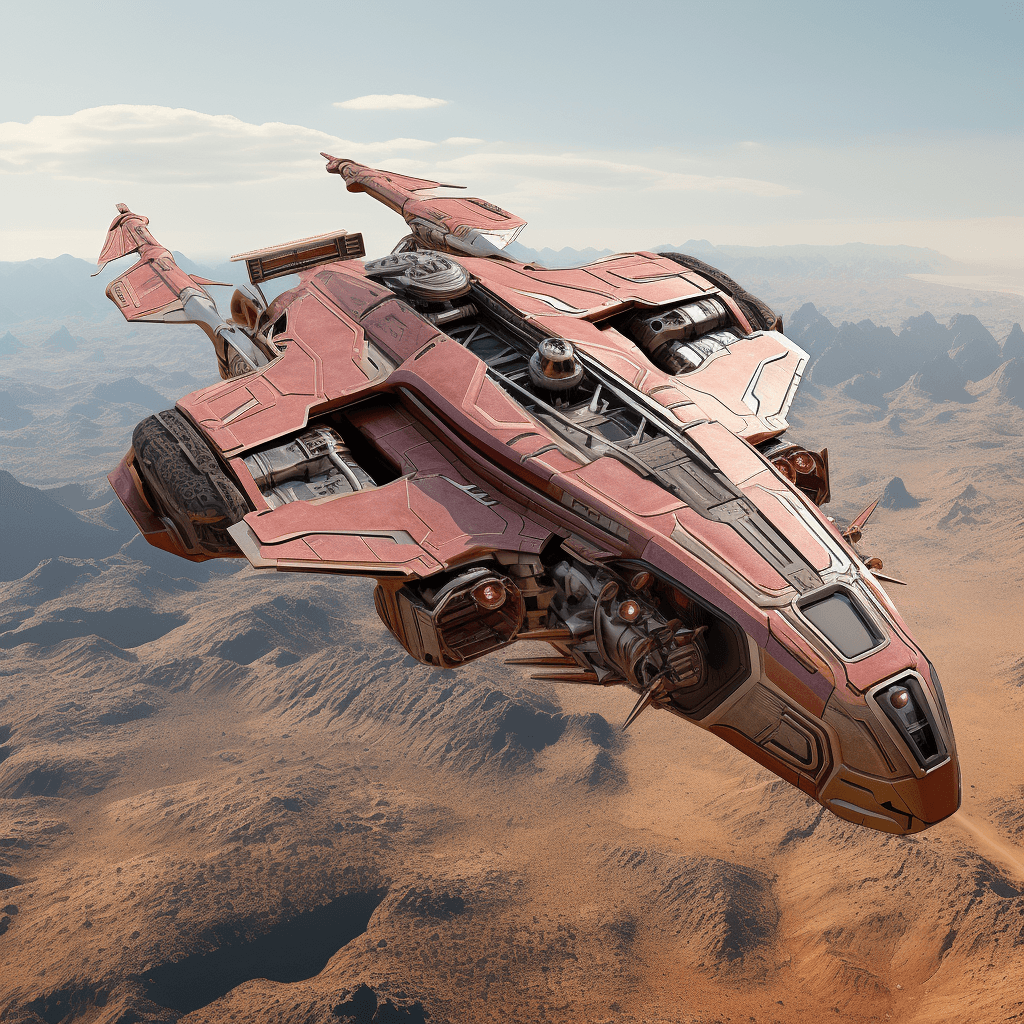 AI generated: a futuristic spacecraft winging through the sky, red and beige color, in the style of realistic life...