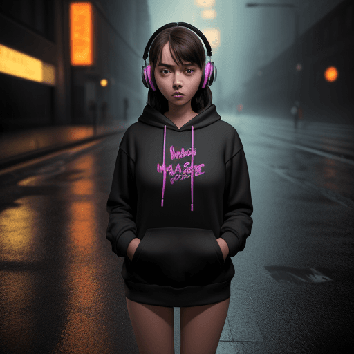 AI generated: masterpiece, girl alone, solo, incredibly absurd, hoodie, headphones, street, outdoor, rain, neon,