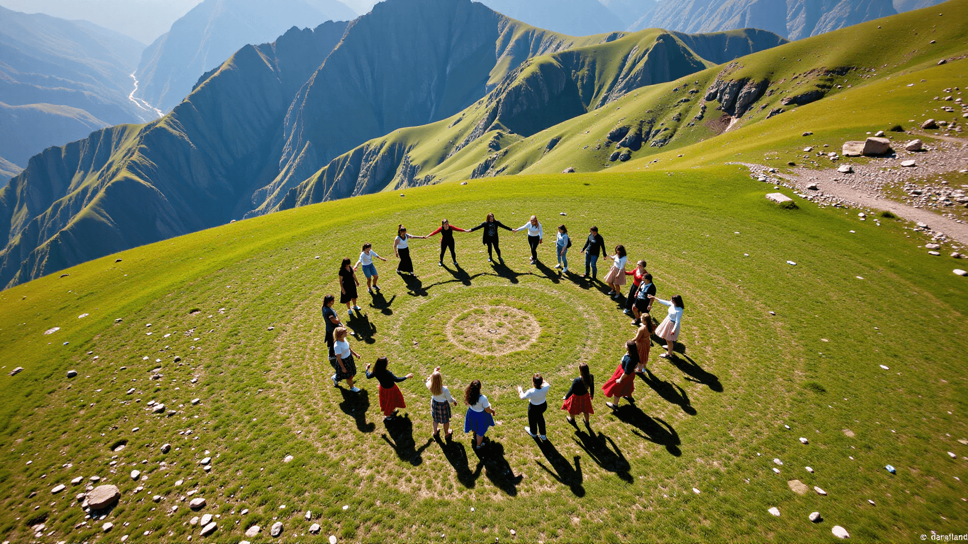 AI generated: A dynamic bird's-eye view of a group of attractive young women (21+), dancing in a lively, synchroni...