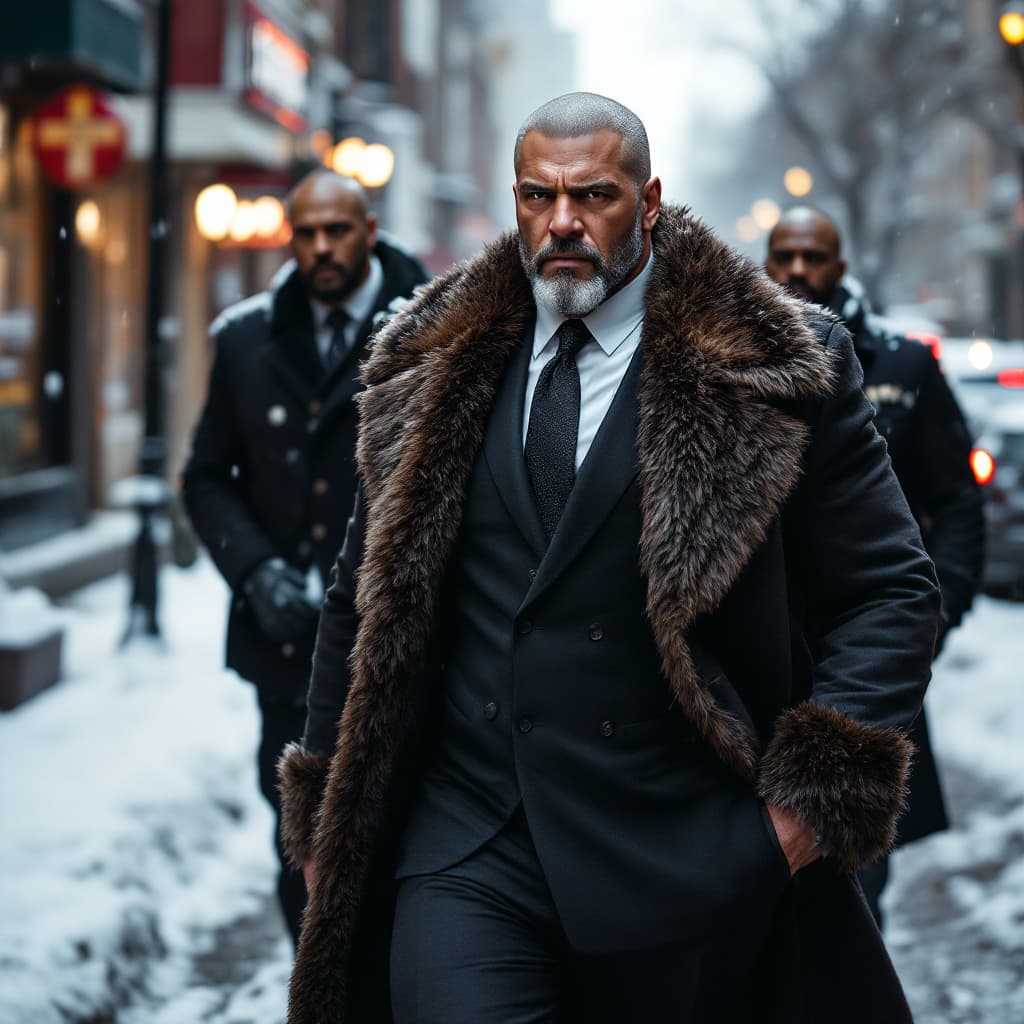 AI generated: A rich strong man, dressed in an expensive suit with fur, walking down the street in winter, accompa...